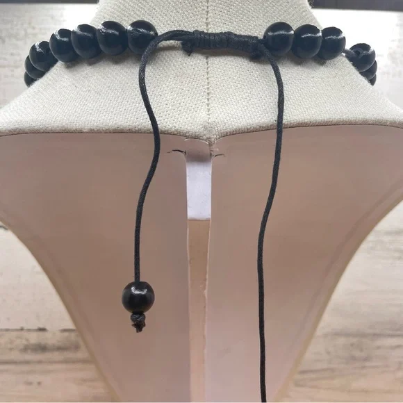 Bold Unsigned Wooden Large Pearl Beaded Mid Century Inspired Corded Necklace